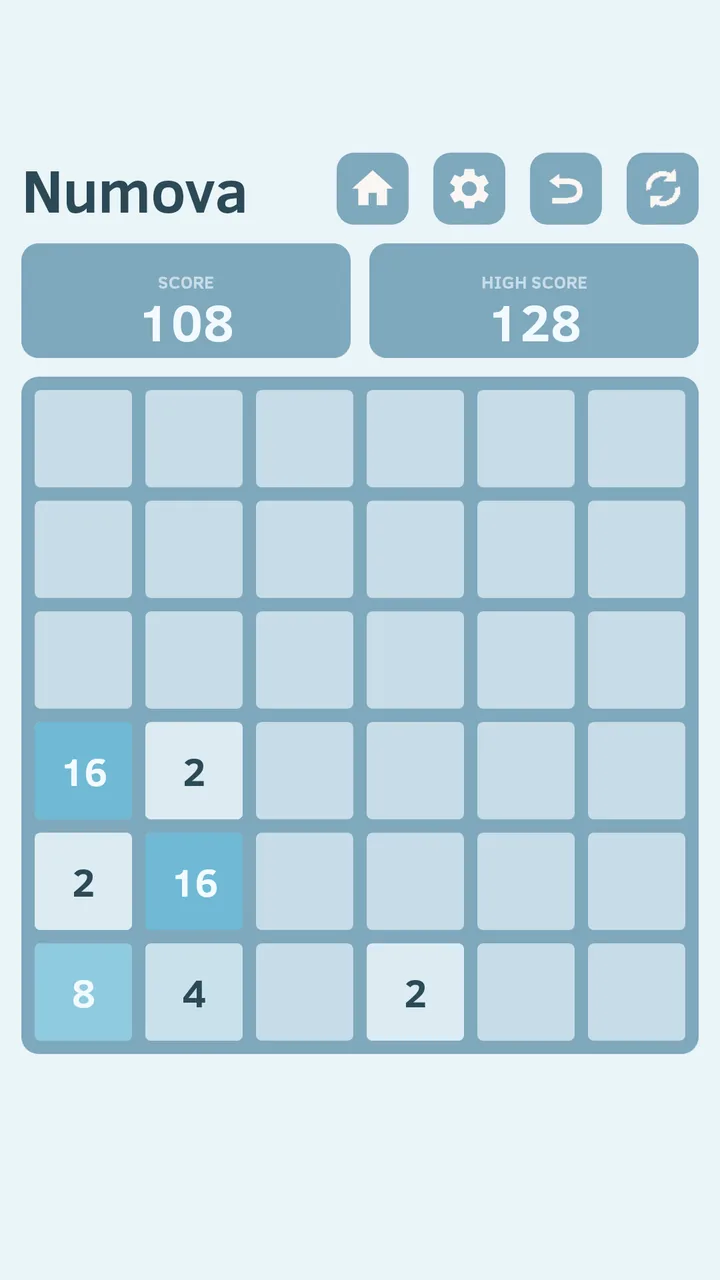 Numova in its Ocean theme, a 6 by 6 board part-way through a run.