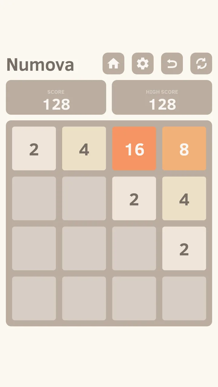 Numova in its Classic theme, a 4 by 4 board with merged tiles and a score of 128.