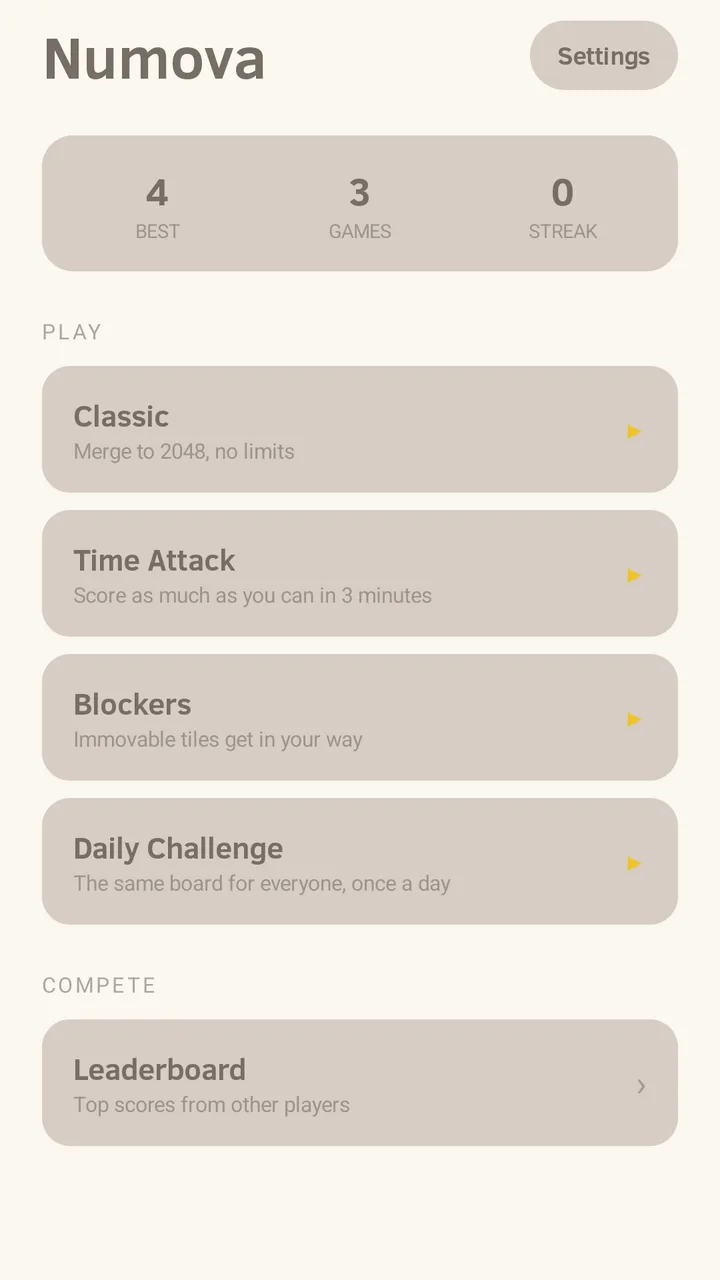 Numova's mode menu listing Classic, Time Attack, Blockers, Daily Challenge and Leaderboard.