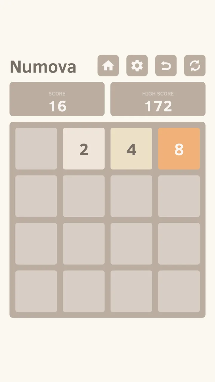 Classic theme, a 4 by 4 board with a high score of 172.