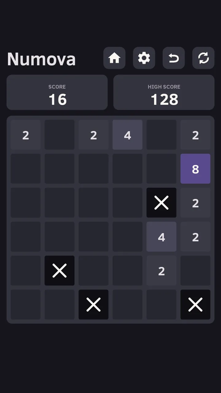 Blockers mode on a 6 by 6 board in the Dark theme, with immovable X tiles.