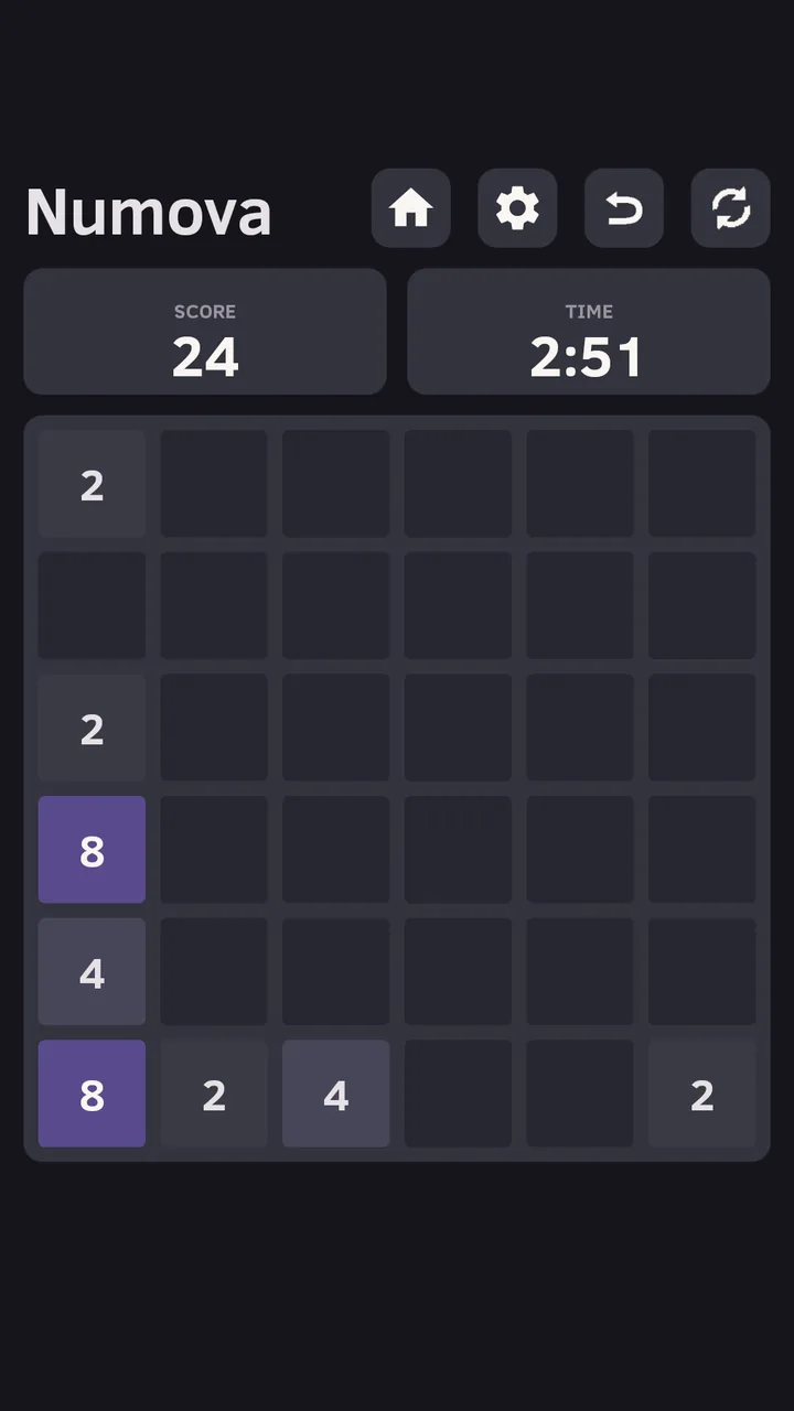Time Attack on a 6 by 6 board in the Dark theme with 2 minutes 51 remaining.