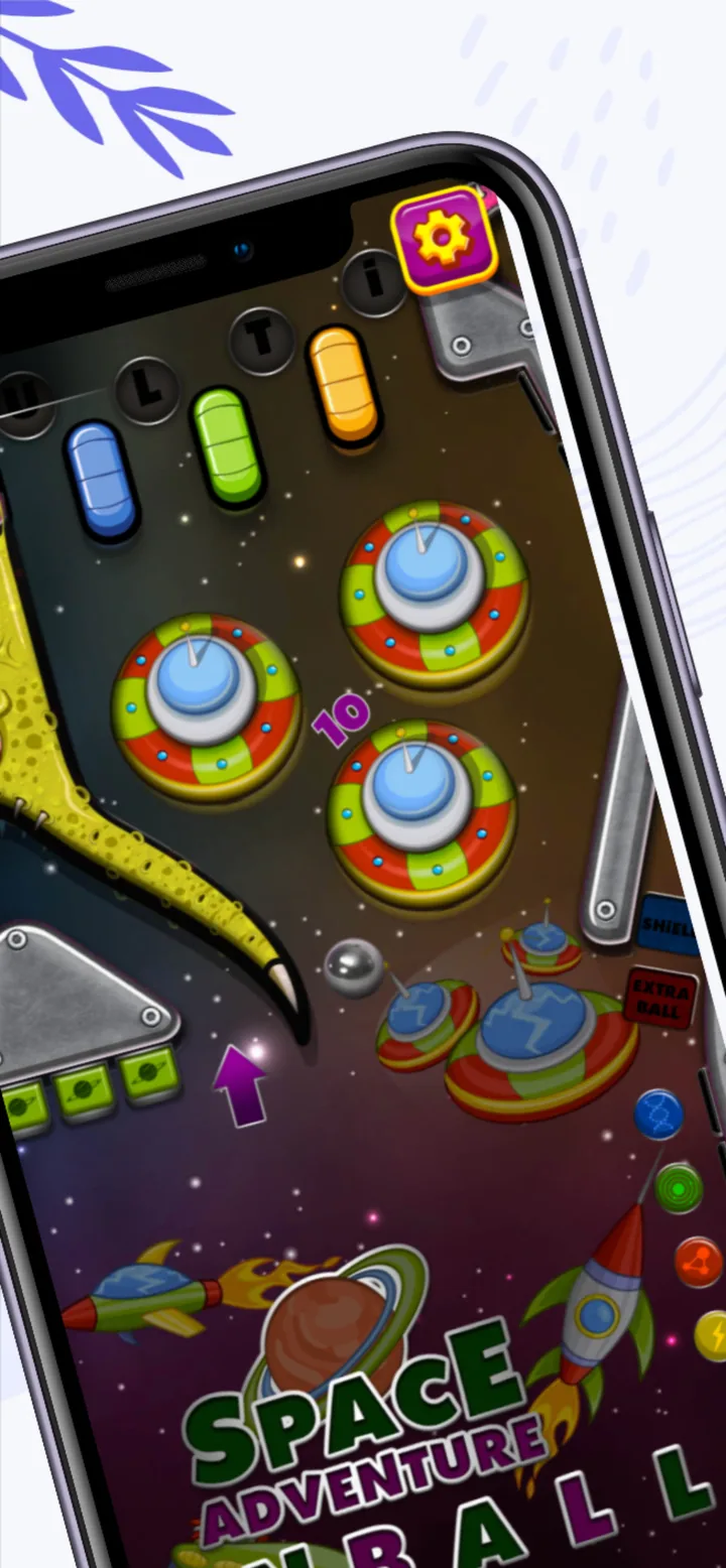 A Pinball Rush table in play, with lit bumpers and the Space Adventure Pinball logo.